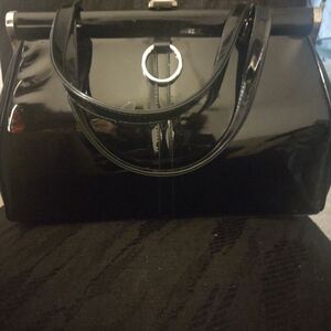 JR Black Patent Leather Glossy Black SBag with Structured Design